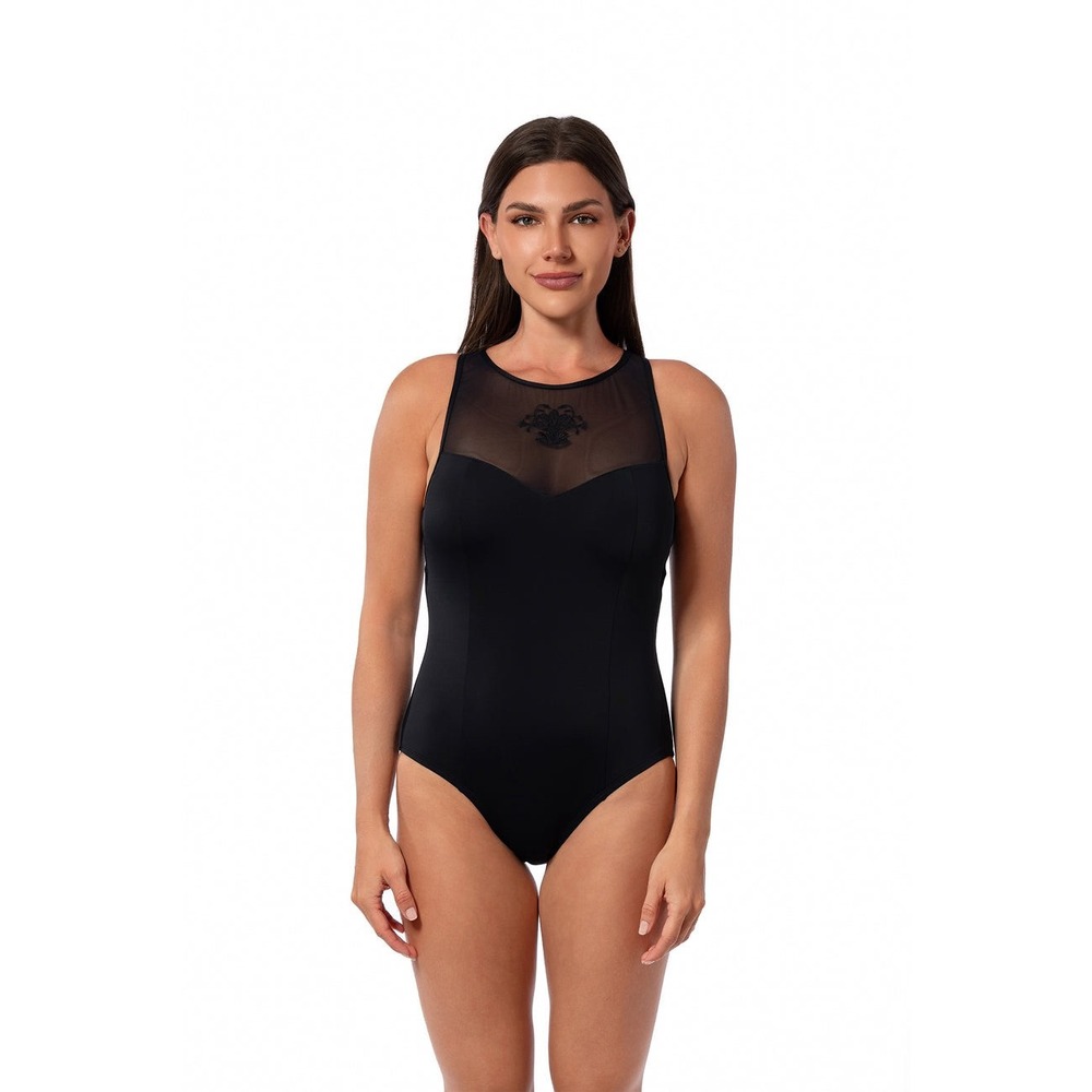 Jantzen Black Mesh High Neck‎ One Piece Swimsuit Floral Embroidery Cutout Back